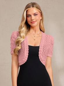 Amorya Women's Dusty Pink Elegant Lace Short Sleeve Open Front Bolero Shrug,Ellegant Wedding Guest Summer Knitted Thin Jacket Cardigan Cover Up Top - Pink - View 6
