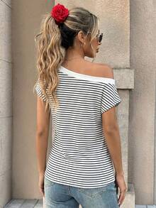 Pariaura Playful Sexy Black & White Striped Off-Shoulder Top - Ruffled One-Shoulder Spring Summer Stylish Fitted Tee Retro Elegant Black & White Striped Off-Shoulder Top - Ruffled One-Shoulder Spring Summer Versatile Fitted Top Girlish Black & White Striped Off-Shoulder Top - Ruffled One-Shoulder Spring Summer Exquisite Fitted Tee - Black and White - View 2