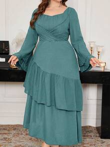 Modelyn Vestido de mujer talla grande con mangas acampanadas, dobladillo con volantes y cintura recogida, elegante para primavera/verano - Verde - Ver 6