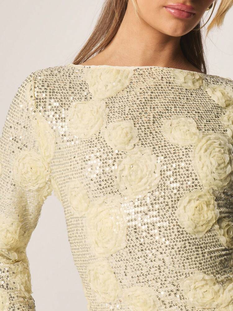 MISSGUIDED Cropped com Manga Longa, Floral 3D com Lantejoulas, com Padrão de Rosa Bordada para Ocasiões de Festa à Noite