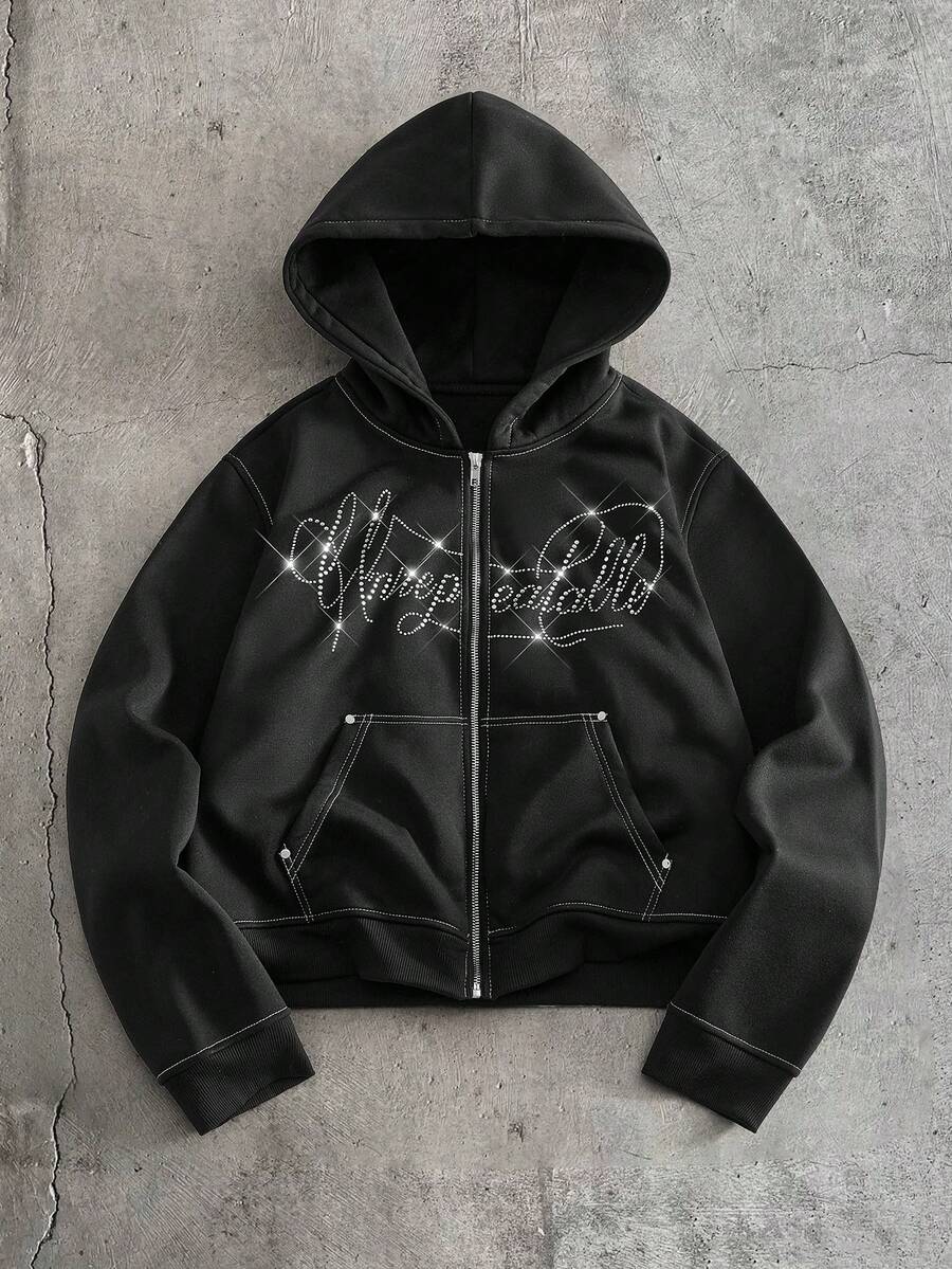 AXEPEAK Áo hoodie đính đá kiểu cổ điển, phong cách Mỹ phóng khoáng. - màu đen - Xem 1