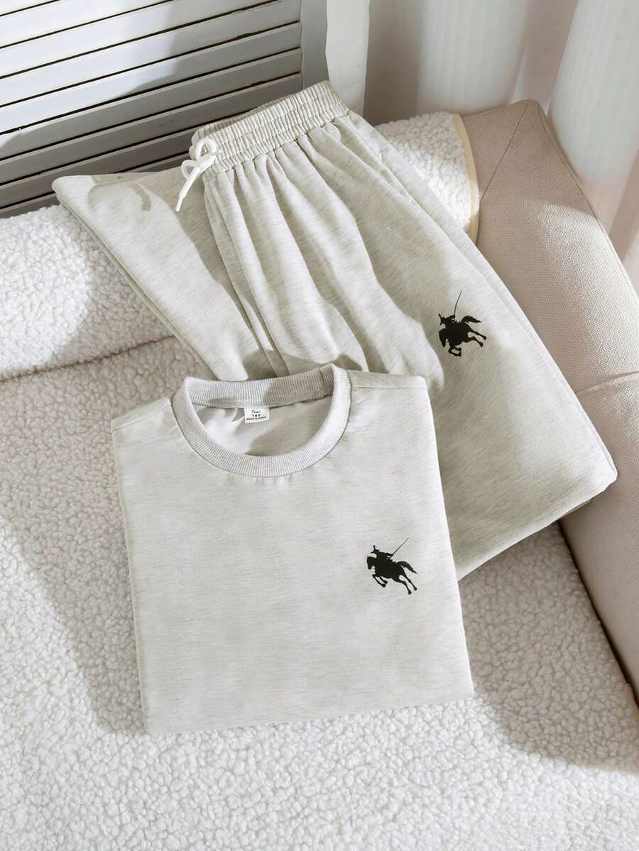 Sparklyn Áo thun cổ tròn tay ngắn thêu họa tiết và quần dài cho bé gái tuổi teen - Xám - Xem 1