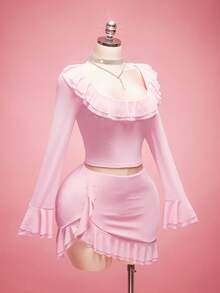 SHEIN ICON Große Größen Rosa Rüschen Kragen Mesh Langarm Top, Rüschen Schlitz Midi Rock 2-teiliges Set, Valentinstag Date Night 2-teiliges Set, geeignet für Dates, Rosa 2-teiliges Set - Babypink - Übersicht 6