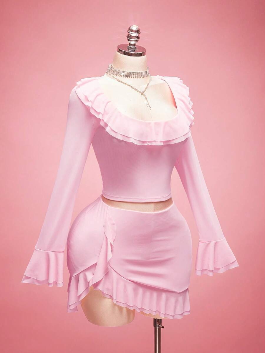 SHEIN ICON 加大码粉色荷叶边领网纱长袖上衣，荷叶边开衩中长裙两件套，情人节约会之夜两件套，适合约会穿着，粉色两件套 - 淺粉色 - 查看 1