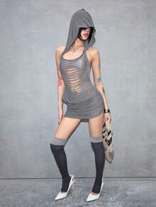 ROMWE J-Fashion Spring/Summer Women's Sexy Y3K See-Through Plunging Neck Hooded Super Mini Dress - Dark Grey - View 3
