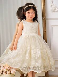SHEIN Glamorique Kids Vestido de princesa para niñas, fiesta de cumpleaños, boda, fiesta, vestido de gala, decoración con lazo, malla bordada color albaricoque, para todas las estaciones, les hace verse talla grande lindas y juguetones, escenario, actuación, Oriente Medio, Europa - Albaricoque - Ver 3