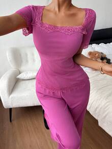 SHEIN 女士方领蕾丝拼接短袖喇叭腿睡衣套装 - 玫紅色 - 查看 4