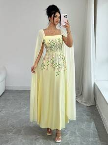Rafferiza Đầm dự tiệc/sinh nhật thanh lịch và quyến rũ, đầm maxi dáng chữ A không tay cổ vuông bằng vải chiffon mỏng nhẹ, thêu hoa, màu vàng bơ xếp ly, thích hợp cho mùa xuân/hè. - Màu vàng ngỗng - Xem 5