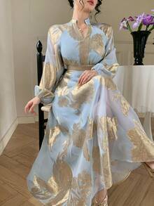 DAZY Women's V-Neck Printed Waist Cinched Elegant Dress, Vacation Style - Blue - View 2