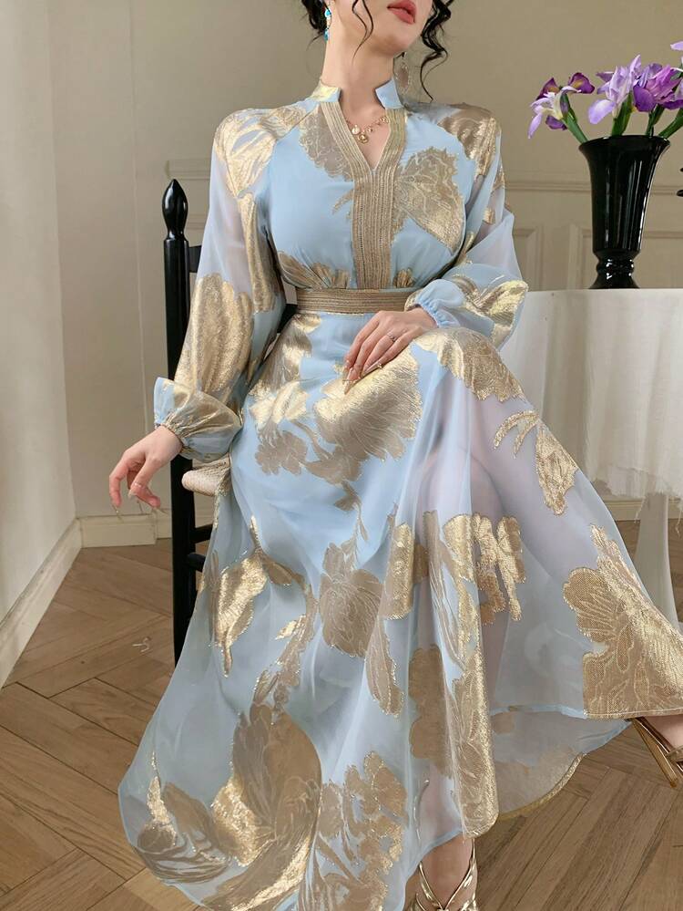 Women's V-Neck Printed Waist Cinched Elegant Dress, Vacation Style Sundress