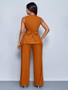 SOLERSUN 两件套女士休闲时尚日常百搭不对称领无袖不对称下摆上衣和高腰阔腿裤，配腰带 - 鏽棕色 - 查看 2