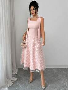 Elenzga Women's 3D Butterfly Mesh Pink Elegant Spaghetti Strap Mid-Length Dress, Suitable For Valentine's Day, Date, Party - Baby Pink - View 6