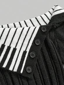 ROMWE Áo len nữ kiểu dáng Y2K nữ tính, hở vai, họa tiết jacquard hình đàn piano, cổ bẻ, eo thon, dệt kim kiểu cáp. - màu đen - Xem 5