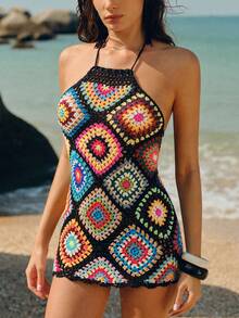 Swim Chiccia New Spring/Summer Single Piece, Multi-Color, Hand-Crocheted, Backless, Elegant Vacation-Themed Bohemian Dress (Random Floral Pattern Color) - Multicolor - View 2