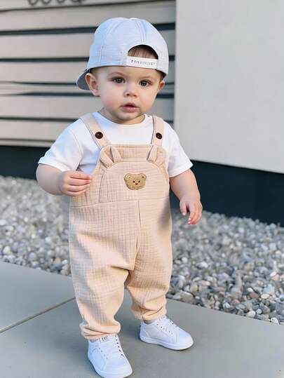 Newborn Baby Boy/Girl Casual Funny College Style All-Match Versatile Textured Crepe Soft Comfortable 3D Ear Cute Animal Jumpsuit Pants