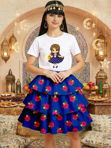 2 Stücke/Set Outfit für Kleine Mädchen, Mädchen Weißes Kurzarm T-Shirt mit Laternendruck und blauer Blumen-Rüschenrock, von Nahost inspirierte Mode - Verschiedenfarbig - Übersicht 4