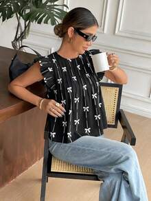 SHEIN Frenchy Áo babydoll nữ dễ thương, kiểu dáng thường ngày/đi làm, họa tiết bướm và sọc, tay bồng, thích hợp cho mùa hè. - màu đen - Xem 5