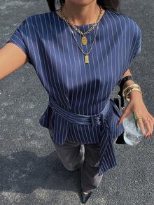 Siren Gaze Women's Navy Blue Striped Asymmetric Short Sleeve Blouse, Elegant Office Lady Waist Cinching Shirt Blue Pinstripe Shirt Navy Striped Top Cinched Waist Blouse - Navy Blue - View 5