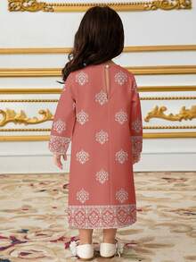 Soft Taro Pink, Traditional Elegant Dignified Golden Floral Print, Young Girls Casual Minimalist Traditional Arabic Dress Suitable For Spring/Summer Daily, Festivals, Outings, Elegant Dignified Long Sleeve Arabic Maxi Dress, Prayer Abaya, Easy Comfort, Casual Wear, Vacay Vibes, Modest Kaftan, Kids Jalabiya - White - View 2