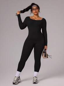 Rhythm Era Salopetă de damă mărime mare, cu mânecă lungă, fără cusături, încrucișată la spate - Negru - Vizualizare 4