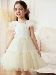Young Girls Dress, Flowy Mesh Princess Dress With Ruffle Sleeves, 3D Butterfly Decor, Party & Celebration - Apricot - View 3