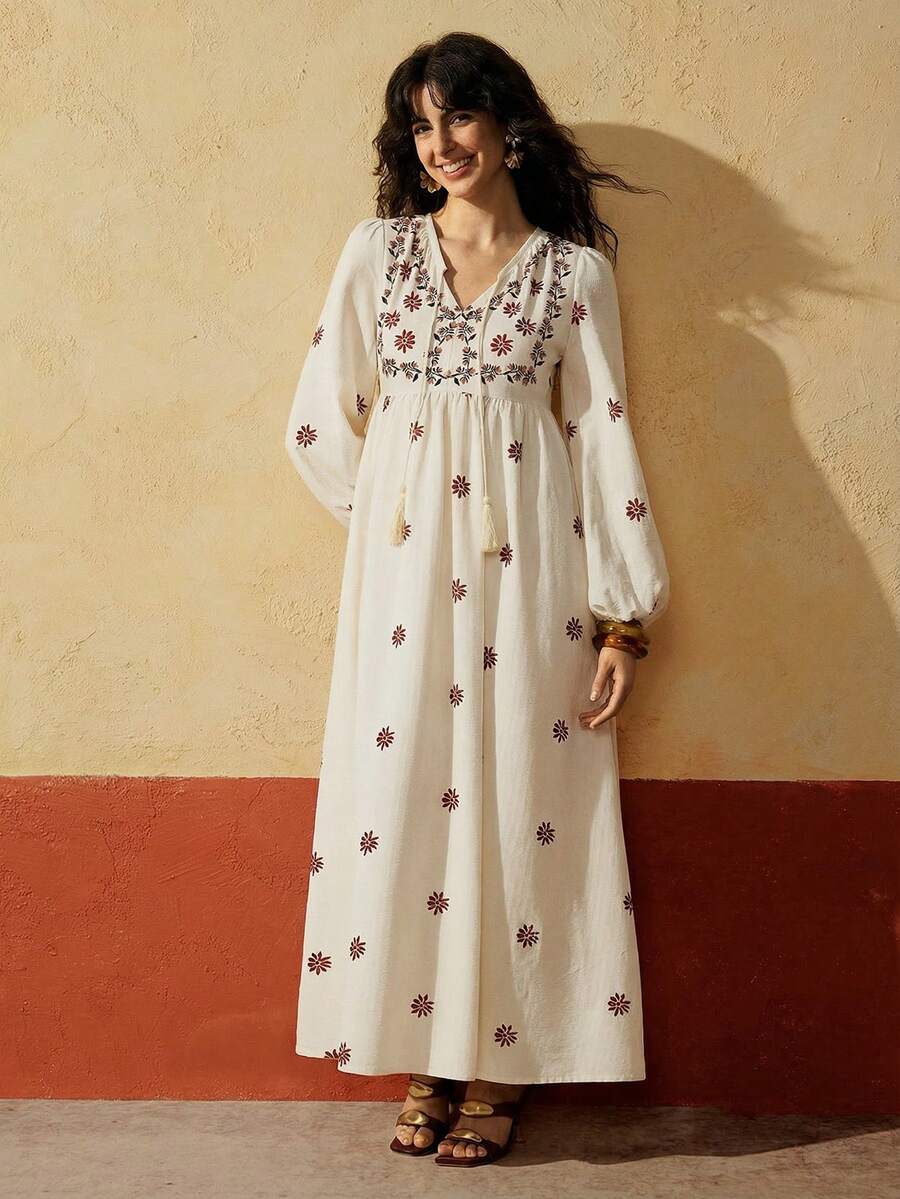 Felipe Marques Women's Floral Print Long Sleeve Loose Long Dress, Casual For Spring/Autumn, Vacation, Party, Beach - Apricot - View 1