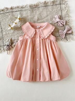 SHEIN فستان أنيق للبنات الصغيرات بياقة منقلبة وأكمام قصيرة، مناسب للخروجات الصيفية وجلسات التصوير والارتداء اليومي والمدرسة