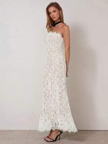 COSMINA Đầm ren màu trơn dành cho nữ, thanh lịch, thích hợp cho ngày Valentine. - Màu be - Xem 2