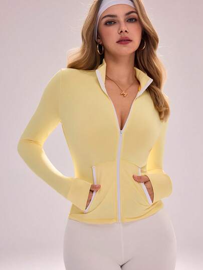 Sovereign Charm Women's Slim Fit Pale Yellow Outdoor Sports Jacket With Pockets, For Workout And Exercise Curvy Workout Top Zipper Front Tight Fitted Jacket Yoga Jacket Zip Up Top Gym Jacket For Women
