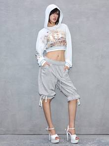 ROMWE Avant Multi-Layer Drawstring Tie Frayed Hem Casual Capri Pants - Grey - View 2