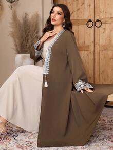 Al Najma Plus Size Women's Fashion Resort Style Sequin Lace Patchwork Tassel Decor Flare Sleeve Loose Arabic Abaya Robe - Army Green - View 8