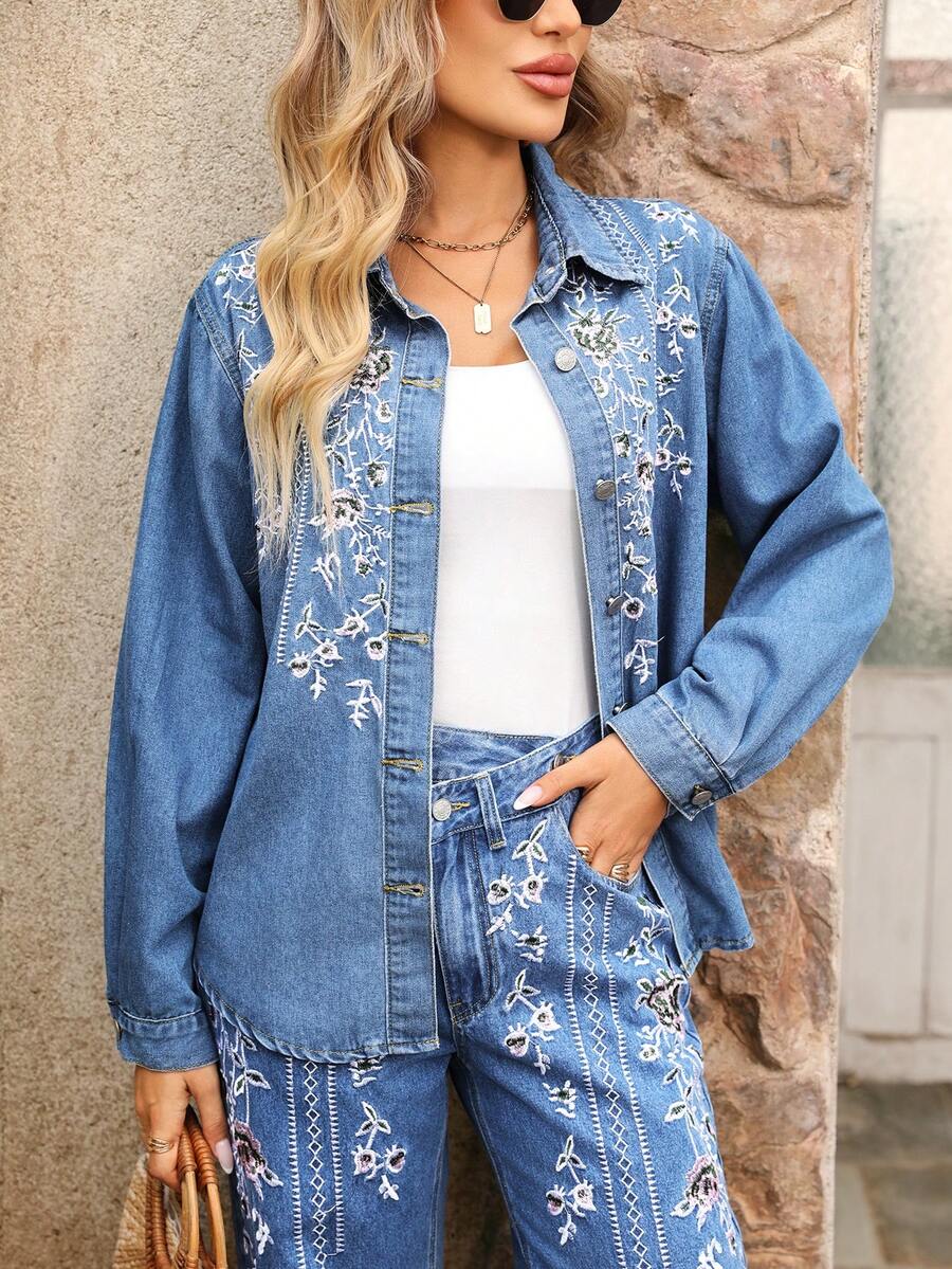 EMERY ROSE Women's Floral Embroidered Long Sleeve Single-Breasted Casual Denim Shirt - Blue - View 1