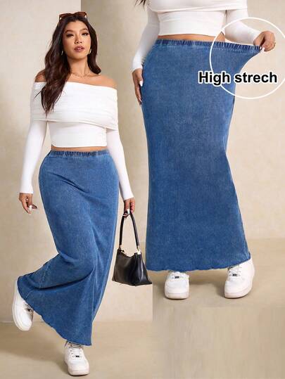 Elaquor Plus Size Casual Washed Fitted Long Denim Skirt