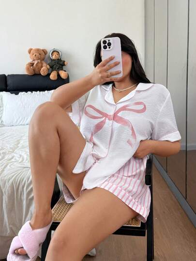 SHEIN Napfluff CURVE 大码女式蝴蝶结印花短袖上衣和条纹短裤睡衣套装