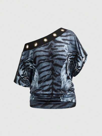 Hippie Vintage Tiger Print Patchwork Eyelet Detail Women Top