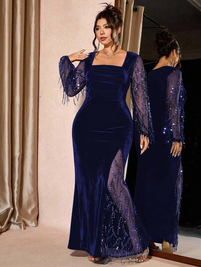 Cravure Plus Size Women's Square Neck Stretch Tights Black Velvet With Metallic Lace And Glitter Sequins, Luxurious, Party Essential, Long Sleeves, Slit Hem, Above The Knee, Autumn And Winter, Elegant, Party Style, Long Lace Dress Evening Wear For Women Dark Blue Dresses Navy Blue Formal Gown Velvet Dresses Royal Blue Dresses Woman