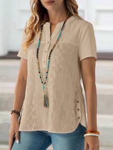 EMERY ROSE 女士夏季棉质刺绣V领短袖衬衫 - 杏色 - 查看 2