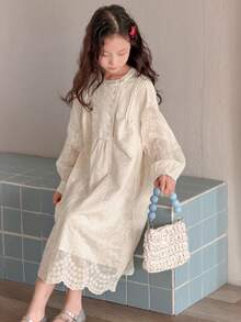DAZY Tween Girls Lace Round Neck Long Sleeve Loose Dress - Beige - View 4