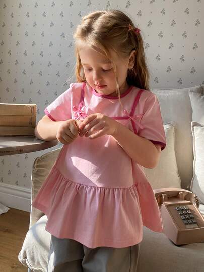 DAZY 女童可爱蝴蝶结装饰圆领短袖荷叶边下摆T恤