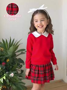 女童秋冬卫衣套装，休闲时尚韩版，简约白领纯色红色长袖圆领两件套卫衣上衣搭配红色格纹百褶迷你裙，两件套，适合秋冬季节和开学季，甜美优雅的休闲学院风，适合日常出行、上学、拍照、度假、派对等场合。红色格纹圣诞套装 - 紅色 - 查看 10