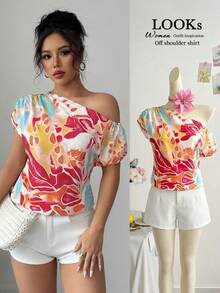 Elenzga Áo kiểu nữ dáng rộng, chất liệu vải in nhiều màu, vai chun, xếp ly, cổ xéo, thanh lịch và tinh tế, thích hợp cho Ngày Valentine, Lễ Phục Sinh, Ngày động, Sinh nhật, Hẹn hò, Tiệc tùng, Du lịch, Xuân/Hè. - Nhiều màu - Xem 1