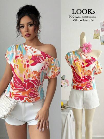 Elenzga 女士多色印花面料弹力肩部褶皱斜领宽松衬衫，优雅精致，适合情人节、复活节、劳动节、生日、约会、派对、旅行、春夏等场合。