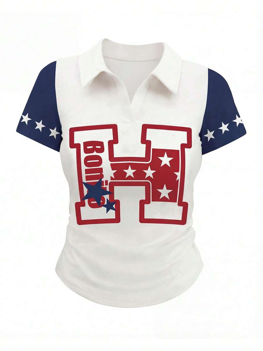INAWLY Women's Letter & Star Print V-Neck Short Sleeve Ruched Waist Fitted T-Shirt - White - View 1