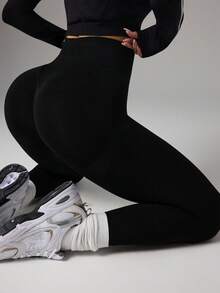 Dewbera Pantalones de yoga con control de abdomen y cintura alta sin costuras para mujer - Negro - Ver 3