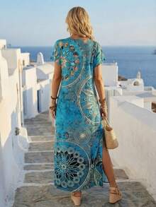 Faunlyn 女士復古花卉印花V領蝙蝠袖休閒夏季長裙，長款女裝