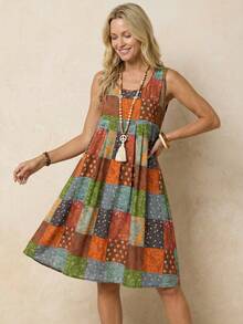 Faunlyn 女士度假几何佩斯利印花无袖梭织连衣裙