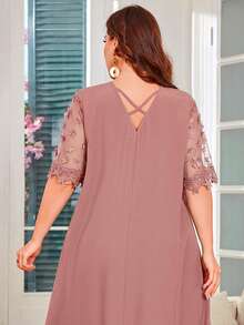 Lacomfia Plus Size Short Sleeve Solid Color Lace Trim Arabic Style Dress - Dusty Pink - View 2