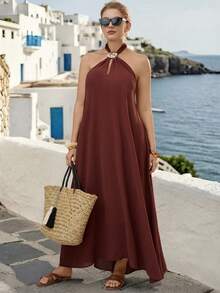 Linhara Women's Elegant And Generous Linen Halter Neck Everyday Commute Dress - Brown - View 7