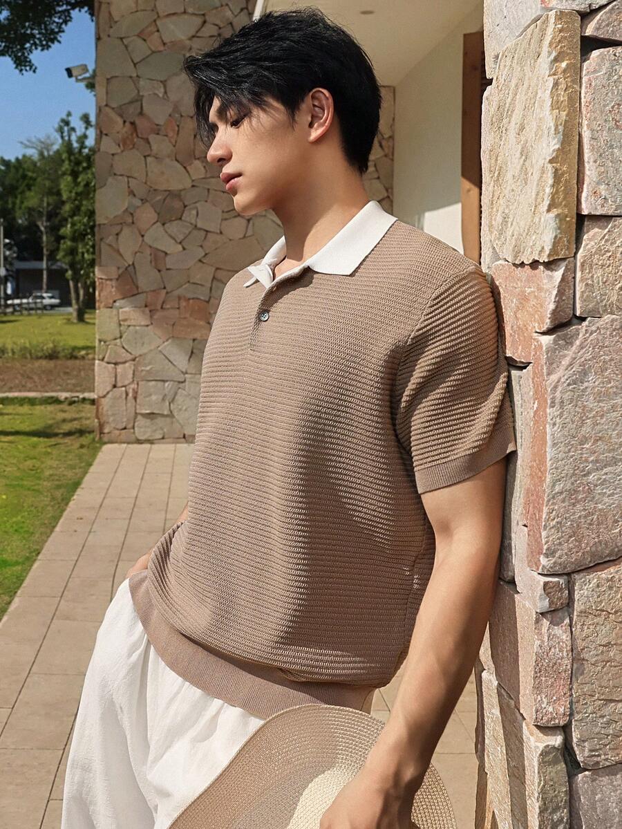 DAZY 男士卡其色拼接领针织衫，夏季 - 杏色 - 查看 1