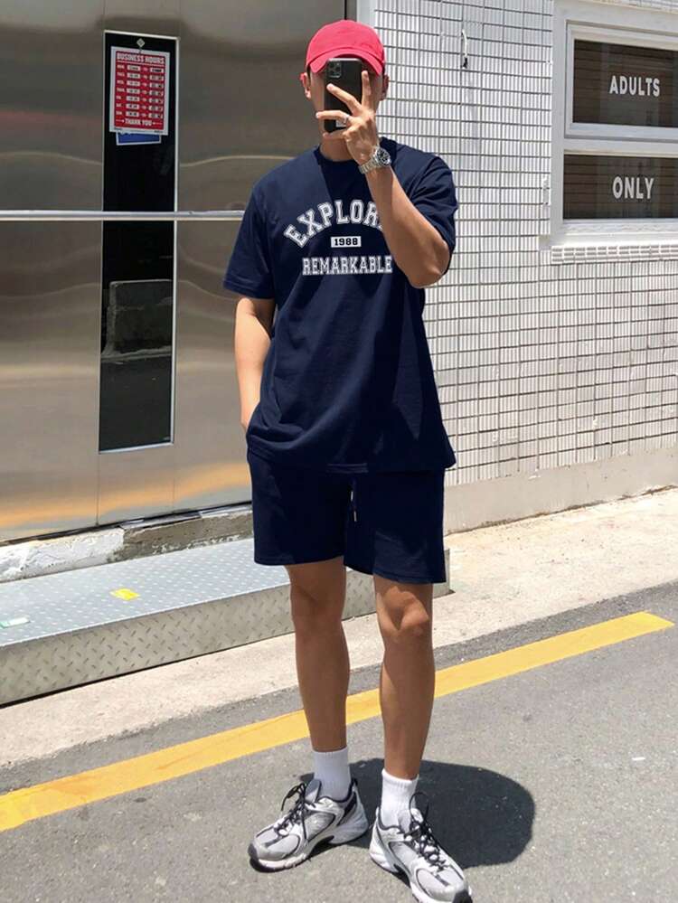 Men's Letter Print Short Sleeve T-Shirt And Shorts Set, Navy Blue, Summer
